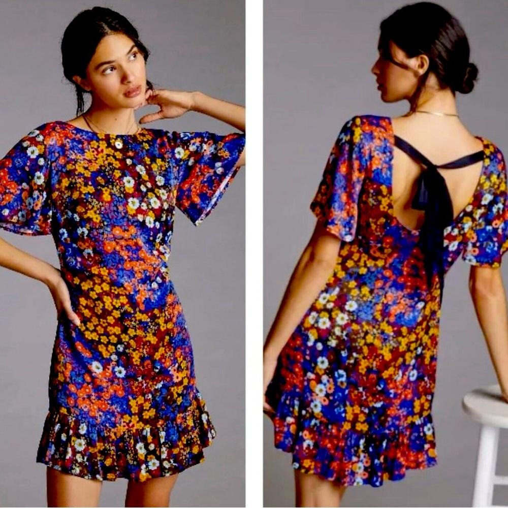 NWT Anthropologie Ruffled Satin Mini Dress 10 Floral Open Tie Back Bow Black